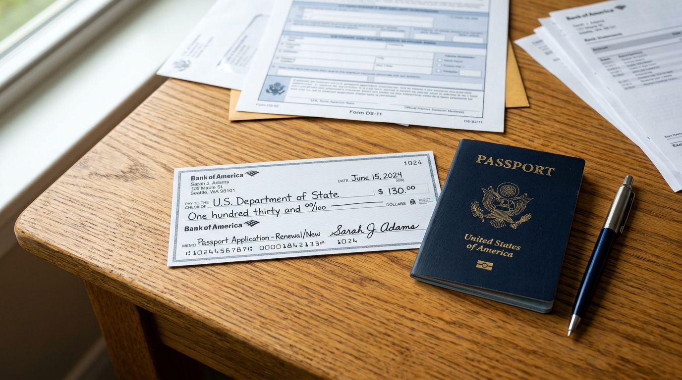 Bank check cashed and cleared by U.S. Department of State for passport application fees