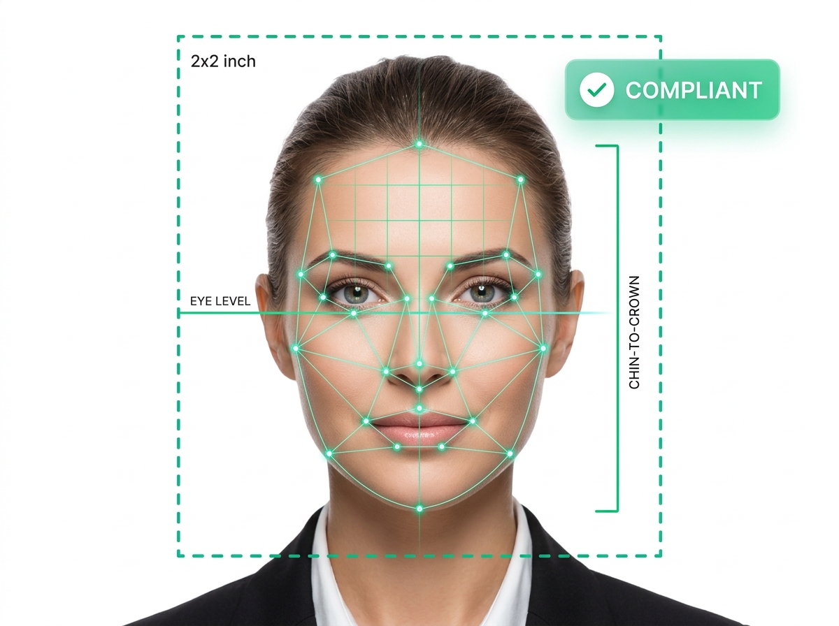 Biometric 2x2 passport photo compliance requirements and facial measurement grid